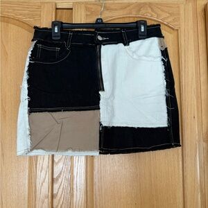 Patchwork Mini Skirt in Black, White, and Tan